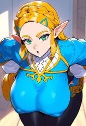 ai_generated bent_over big_ass big_breasts blonde_hair braided_hair breast_jiggle breath_of_the_wild hands_on_hips hanging_breasts hylian_ears large_breasts long_hair nintendo nipple_bulge pointy_ears princess_zelda tharkica the_legend_of_zelda tight_clothing tight_pants zelda_(breath_of_the_wild)