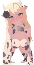 all_fours altea_aquila_(jain_no_ikenie) animal_print bikini blonde_hair blue_eyes breasts cleavage cow_print cow_print_bikini elbow_gloves female flower gloves hair_flower hair_ornament hanging_breasts highres jain_no_ikenie kumacy_0 large_breasts long_hair looking_at_viewer open_mouth pointy_breasts print_bikini sagging_breasts shaded_face socks solo swimsuit