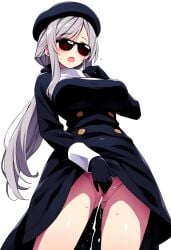 1girls ai_generated android black_beret black_dress blush cumming dress dress_lift female_ejaculation gray_hair hismajestyii jenn_schauber_(hismajestyii) jenn_schauber_(t-1d_body)_(hismajestyii) large_breasts light_skin masturbating mature mature_female novelai open_mouth original original_character ponytail pussy pussy_ejaculation pussy_juice silver_hair slim slim_waist squirting sunglasses synthetic_body