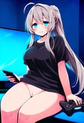 1girls ai_generated android black blue_eyes bottomless bottomless_female gray_hair hismajestyii jenn_schauber_(hismajestyii) jenn_schauber_(t-1p_body)_(hismajestyii) large_breasts light_skin mature mature_female naked_pussy novelai nude_pussy original original_character ponytail pussy shirt silver_hair slim slim_waist smile synthetic_body