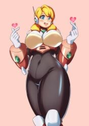 1girls alia blonde_hair blue_eyes blush hands_up heart heart kotatuman_dash mega_man mega_man_x pink_background robot_girl viewed_from_below