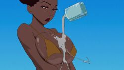 2d 2d_animation 2girls animated big_breasts big_butt bikini bikini_top black black_pinup_project blonde_female blue_background blue_eyes breast_focus brown_hair brunette_female close-up dark-skinned_female dark_hair dark_skin dumbfounded jealous jealous_female jealous_look jiggling_breasts light-skinned_female lips looking_down lotion lotion_bottle no_sound not_loop pouring pouring_on_breasts red_clothing shiny_skin swinging_breasts tagme video