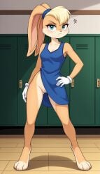 1girls 2024 ai_generated annoyed annoyed_expression anthro blonde_female blonde_hair blue_eyes blushing bottomless bottomless_female cleavage digitigrade female female_only gloves hand_on_hip hi_res indoors innie_pussy locker_room lola_bunny looking_at_viewer looney_tunes pussy rabbit warner_brothers