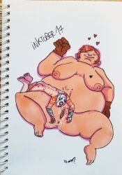 benadaite big_belly borderlands breasts breasts_out chubby chubby_female ellie_(borderlands) fat gloves gushing_pussy_juice happy_female heart_tattoo hearts_around_head inktober laying_on_stomach masked_male nude psycho_(borderlands) size_difference spread_legs thick_thighs traditional_media_(artwork) wet_pussy