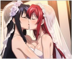 2girls 2women ai_generated akeno_himejima bridal_veil bride bride_and_bride female girl_on_girl high_school_dxd lesbian_couple lesbian_kiss lesbian_marriage lesbian_wedding love lovers married_couple married_woman rias_gremory wedding_dress wedding_veil wife_and_wife yuri yuri_wedding