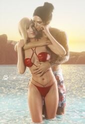 1boy 1boy1girl 1girls 3d 3d_(artwork) artist_name asian_male beach beach_shorts bikini bikini_bottom bikini_top blonde_hair elena_(final_fantasy) elenachatnoir final_fantasy final_fantasy_vii final_fantasy_vii_rebirth final_fantasy_vii_remake fit_female highres hugging_from_behind instagram_username long_hair ocean older_male red_bikini short_hair shorts standing_in_water tattoo tattooed_arm toned tseng tumblr_username twitter_username vacation young_female younger_female