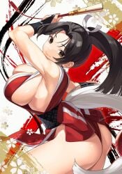 ass black_hair breasts female high_ponytail highres large_breasts looking_at_viewer mai_shiranui ninja ponkichi_(hazama_senkonmeiraku) revealing_clothes smile solo street_fighter street_fighter_6 thighs