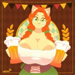 alcohol animated anthro beer beverage big_breasts breasts clothing dress eyewear felid feline female furry galacticmichi glasses holidays huge_breasts katrina_fowler mammal nipple_outline oktoberfest solo twintails_(hairstyle)