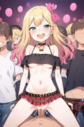 actualtrashhuman ai ai_generated alexis_woodrider alt_girl bare_midriff bell_collar belt black_topwear blonde_hair boots bow_in_hair choker cowgirl_position crop_top female flat_stomach freckles groin hairbow inner_thigh_dips long_hair midriff miniskirt multiple_boys navel off_shoulder petite petite_body petite_breasts petite_female plaid_skirt pleated_skirt punk_girl red_skirt skimpy skimpy_clothes skirt tartan_skirt underboob y2k