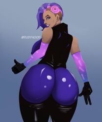 1girls ass back_view beauty_mark big_ass big_breasts breasts dark-skinned_female dark_skin female female_only latina nipple_bulge nipples overwatch overwatch_2 rudynood skintight solo solo_female sombra thick_thighs v_sign wide_hips