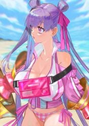 bare_shoulders beach bikini blue_sky blush breasts claw_(weapon) cleavage clothing_cutout fate/grand_order fate_(series) female hair_ribbon highres huge_breasts jacket long_hair long_sleeves looking_to_the_side open_mouth ota_(ota-0000) passionlip_(celeb_summer_experience_swimsuit)_(fate) passionlip_(fate) pink_bikini pink_eyes pink_jacket pink_ribbon purple_hair ribbon shore shoulder_cutout sky solo swimsuit very_long_hair weapon