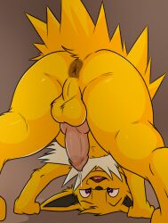 absurd_res animal_genitalia animal_penis anus ass_up balls bodily_fluids canid canine_genitalia canine_penis digital_media_(artwork) eeveelution feral fur generation_1_pokemon genital_fluids genitals hair hi_res jolteon looking_at_viewer lying male mammal nintendo nude on_front open_mouth penis pokemon pokemon_(species) simple_background smile solo tail whyvern yellow_body yellow_fur