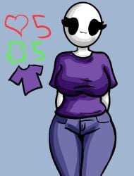 bald bald_female black_eyes blue_background breasts chetoh claire_(chetoh) clothed clothed_female egg female jeans like_icon looking_at_viewer oc original original_character purple_shirt retweet_icon smile smiling strip_game twitter twitter_strip_game_(meme) white_body