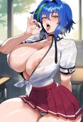 ai_generated areola_peek areola_slip areolae blue_hair classroom cleavage drool drooling fellatio_gesture half-closed_eyes high_school_dxd large_breasts miniskirt nipple_slip nipples no_bra panties school_uniform seductive seductive_look see-through short_hair tharkica tied_shirt tongue tongue_out xenovia_quarta