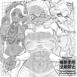 3girls bare_shoulders bikini bikini_top black_hair bra choker collar crown dark-skinned_female dark_skin ear_piercing earrings female female_focus female_only frye_(grand_festival) frye_(splatoon) frye_onaga gbeimtama grand_festival_(splatfest) hand_on_hip inkling inkling_girl japanese_text jewelry light-skinned_female long_hair looking_at_viewer marie_(grand_festival) marie_(splatoon) marina_(grand_festival) marina_(splatoon) marina_ida monochrome multiple_girls navel necklace nintendo no_panties now_or_never_crown now_or_never_earrings now_or_never_horns octoling octoling_girl open_mouth panties pants pierced_ears piercing piercings pointy_ears short_hair shorts splatfest splatoon splatoon_(series) splatoon_3 tagme team_future_(splatfest) team_past_(splatfest) team_present_(splatfest) tentacle_hair thong tight_clothing tube_top turtleneck uncolored white_hair