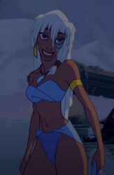 1girls atlantis:_the_lost_empire bikini blue_bikini blue_eyes clothing dark_skin dark_skinned_female disney female human kida official_art screencap screenshot swimsuit swimwear white_hair