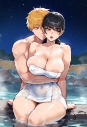 ai_generated areola_peek areola_slip areolae bathing chainsaw_man cleavage denji_(chainsaw_man) embrace embrace_from_behind embracing hot_spring large_breasts mitaka_asa naked_towel tharkica towel towel_only wet wet_towel