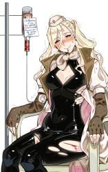 a-91_(girls_frontine) aa2mee absurdres alcohol blonde_hair bodysuit breasts chair cleavage cleavage_cutout clothing_cutout coat commission commissioner_upload dropper drugged drunk drunk_female female girls'_frontline hat highres intravenous_drip mole mole_under_eye open_clothes open_coat russian_text scarf scratches sitting smile sweat torn_bodysuit torn_clothes translated vodka white_background