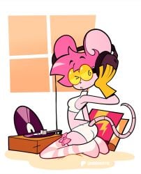 1girls anthro anthro_female big_ear big_ears big_hair bow female glasses gloves goommymuffin headphones listening_to_music long_tail mouse mouse_female muffin_(goommymuffin) music_player official_art pink_body pink_fur record_player