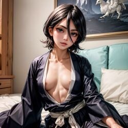 1girls ai_generated black_hair black_kimono bleach female female_only hair_between_eyes hi_res kuchiki_rukia nipples open_clothes open_kimono short_hair small_breasts stable_diffusion white_sash wide_sleeves