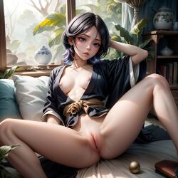 1girls ai_generated anus black_hair black_kimono bleach female female_only hair_between_eyes hi_res innie_pussy kuchiki_rukia nipples one_arm_up open_clothes open_kimono puffy_pussy short_hair small_breasts spread_legs stable_diffusion white_sash wide_sleeves