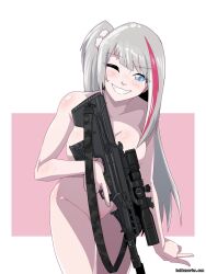 assault_rifle blue_eyes completely_nude_female convenient_censoring girls'_frontline gray_hair grey_hair gun holtzworks mdr_(girls'_frontline) nude nude_female pink_highlights tagme weapon