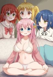 4girls :q absurdres bikini blonde_hair blue_hair blush bocchi_the_rock! breasts brown_eyes cleavage couch cube_hair_ornament cushion drooling female female_only gotou_hitori green_eyes hair_ornament highres ijichi_nijika kita_ikuyo large_breasts long_hair meme multiple_girls navel on_couch parted_lips pink_hair piper_perri_surrounded piper_perri_surrounded_(meme) red_hair sitting stomach swimsuit tongue tongue_out underboob watarurikka white_bikini yamada_ryou yuri