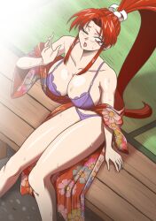 1girls ashiga_(p2mqhhnz3ltcxvj) bench brown_eyes brown_hair fatal_fury huge_breasts kimono kimono_removed king_of_fighters long_hair looking_at_viewer looking_up mai_shiranui one_eye_closed ponytail sweat underwear viewed_from_above voluptuous