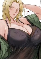 1girls adapted_costume ara_ara artist_name babydoll bare_chest bare_shoulders big_breasts blonde_hair blush bodily_fluids bra breast_focus breasts breasts_bigger_than_head brown_eyes cleavage closed_mouth eyebrows eyebrows_visible_through_hair facial_mark female female_only forehead_mark gilf haori heart huge_breasts large_breasts light-skinned_female light_skin lingerie lipstick looking_at_viewer makeup mature mature_female mature_woman milf naruto naruto_(series) naruto_shippuden off_shoulder oppai pinup robe see-through see-through_clothing slim_waist solo spoken_heart sweat sweatdrop sweating sweaty sweaty_body top_heavy top_heavy_breasts tsunade upper_body v-shaped_eyebrows voluptuous voluptuous_female watermark zon-leesean