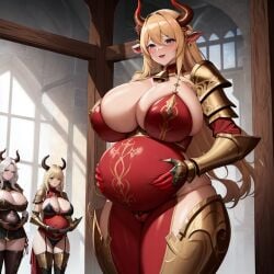 3girls ai_generated armor big_belly bimbo blonde_hair chaos_(warhammer) cow_ears cow_horns heavily_pregnant horns hucow khorne pregnant pregnant_belly red_clothes red_clothing soldier unstable_diffusion warhammer_(franchise) warhammer_fantasy warrior