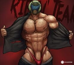 1male abs bare_chest biceps big_penis collared_shirt crusader1080 detailed doom doom_slayer_(doom) hands helmet male_only muscular_male nipples pants_pulled_down presenting red_background ripped_clothing solo solo_male text veiny_penis watermark