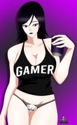 akinama_family_(noir-black-shooter) beer beer_can big_breasts dark_purple_hair female gamer gamer_girl kaori_akinama_(noir-black-shooter) mole_under_eye noir-black-shooter oc original original_character purple_eyes