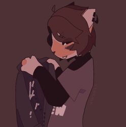 2023 anthro black_clothing bodily_fluids brown_body brown_fur brown_hair calico_cat callie_(vinqou) clothed clothing cum domestic_cat ear_piercing felid feline felis fur genital_fluids grey_clothing grey_topwear hair jacket mammal orange_body piercing solo topwear vinqock