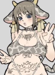 big_breasts cow_bikini curvy curvy_female curvy_figure girlfriend pantsu_ripper peace_sign puppylulu tattoed_girl tattoo tattoo_on_belly tattoo_on_chest