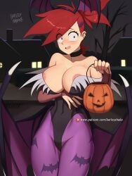 1girls alternate_costume areola_slip artist_name barleyshake big_breasts black_eyes breasts clothing cosplay costume crossover darkstalkers demon_wings ear_piercing embarrassed eyelashes fake_wings female female_only foster's_home_for_imaginary_friends frankie_foster hair_ribbon hairclip halloween large_breasts leotard looking_at_viewer morrigan_aensland_(cosplay) night open_mouth outside piercing ponytail red_hair signature solo succubus succubus_costume trick_or_treat wings