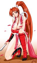 1girls ashiga_(p2mqhhnz3ltcxvj) brown_eyes brown_hair crouching fatal_fury huge_breasts king_of_fighters kneeling long_hair mai_shiranui one_leg_on_ground ponytail socks torn_clothes voluptuous