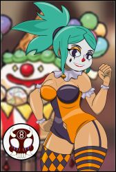 8ball9615 big_breasts cerebella clown_costume clown_girl clown_makeup green_hair long_socks makeup navel_visible_through_clothes purple_eyes skullgirls