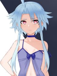 bare_midriff bare_shoulders blanc blue_hair close-up dress front_view goddess hand_on_hip light-skinned_female looking_away looking_up neptunia_(series) petite red_eyes short_hair_with_long_locks simple_background small_breasts solo white_heart zatsu