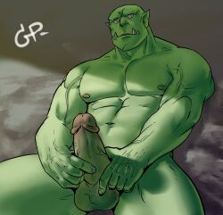 abs balls bara biceps casual_erection casual_nudity erection genitals green_body green_skin guppo humanoid male male_only manly muscular muscular_male navel nipples not_furry nude orc pecs penis penis_grab simple_background solo solo_focus