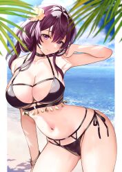 1girls bare_arms bare_shoulders beach big_breasts bikini black_bikini black_choker black_swimsuit black_swimwear blue_sky blush blushing_at_viewer breasts choker cleavage collarbone eyebrows_visible_through_hair flower grin grinning grinning_at_viewer hair_between_eyes hair_flower hair_ornament highres honkai:_star_rail honkai_(series) hourglass_figure huge_breasts kafka_(honkai:_star_rail) large_breasts long_hair looking_at_viewer navel ocean palm_leaf ponytail purple_eyes purple_hair seiru_(prairie) shore side-tie_bikini_bottom sidelocks sky smile smiling smiling_at_viewer solo swimsuit swimwear thighs water