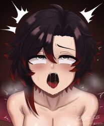 ahe_gao black_hair breasts collarbone cslucaris female gradient_hair grey_eyes medium_breasts multicolored_hair offscreen_sex open_mouth out-of-frame_censoring red_hair rolling_eyes ruby_rose rwby saliva short_hair solo sweat tongue tongue_out two-tone_hair