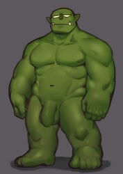 balls barefoot biceps feet foreskin genitals green_body green_skin grey_background guppo humanoid male male_only muscular muscular_male navel nipples nude orc orc_male pecs penis simple_background solo toes