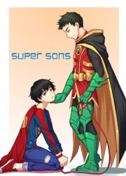 2boys batman_(series) blue_eyes chain247 damian_wayne dc dc_comics hand_under_chin jon-el jonathan_kent leash male male/male male_only maledom malesub on_knees ripped_jeans robin_(damian_wayne) robin_(dc) superboy superboy_(jonathan_kent) superman_(series) supersons tied_hands yaoi