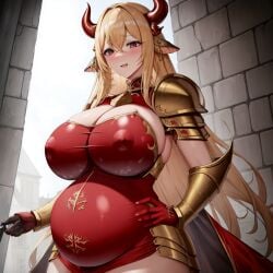 ai_generated big_belly bimbo blonde_hair chaos_(warhammer) cow_ears cow_horns cult cultist heavily_pregnant horns hucow khorne pregnant pregnant_belly red_clothes red_clothing unstable_diffusion warhammer_(franchise) warhammer_fantasy