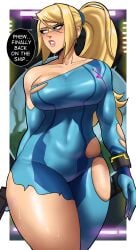 1boy 1girls absurdres blonde_hair blue_eyes bodysuit breasts echosaber english_text female full_lips hourglass_figure large_breasts light-skinned_female long_hair male mature_female metroid nintendo ripped_bodysuit ripped_clothes ripped_clothing samus_aran slim_waist text thick_thighs torn_bodysuit torn_clothes wide_hips zero_suit_samus