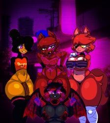 2femboys 2girls big_breasts black_chica bra breasts cally3d clazzey cock_out cryptiacurves curvy curvy_figure enormous_breasts eyepatch fazclaire's_nightclub female femboy fexa fexa_(cryptia) five_nights_at_freddy's fnaf foxy_(cally3d) foxy_(fnaf) fredina's_nightclub gigantic_breasts glasses hands_on_hips hourglass_figure huge_breasts no_pants oc original_character panties peace_sign scottgames stockings stormkinght tattoo tattoos thick_thighs thighs thunder_thighs voluptuous wings