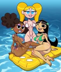 3girls big_breasts big_lips bikini bikini_bottom bikini_top black_eyes black_hair blonde_hair blue_eyes blue_eyeshadow bottomwear breasts brown_hair cleavage dee_dee_(dexter's_laboratory) dexter's_laboratory double_bun ear_piercing earrings erect_nipples eyeshadow feet female female_only full_body green_bikini green_eyeshadow green_lips green_lipstick green_nail_polish green_nails hair half-closed_eyes hips lee_lee legs lips lipstick long_hair looking_at_viewer mee_mee multiple_girls nail_polish nails neckwear pink_lips pink_lipstick pink_nail_polish pink_nails purple_bikini purple_eyeshadow purple_lips purple_lipstick purple_nail_polish purple_nails sideboob skimpy skimpy_bikini sling_bikini swimwear thick_lips tooop topwear twintails water white_sling_bikini wide_hips