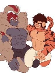 4_arms abs akachionmain anthro balls bara barazoku big_balls big_bulge big_penis bulge bulges_touching furry hands_behind_head haplorhine male male_only monkey monkey_boy multi_arm multi_limb muscles muscular nose_ring penis primate tail