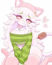 beanie beanie_hat cat_ears cat_humanoid cat_tail catgirl cattail_(chikomokii) cattail_(pvz) chikomokii cute green_clothing heart kawaii pink_body pink_hair plants_vs_zombies thighhighs