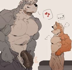 ... akachionmain anthro balls bara barazoku big_balls big_penis bulge fox fox_mccloud furry gay male male_only muscles muscular nintendo open_fly pants penis shirtless star_fox wolf wolf_o'donnell